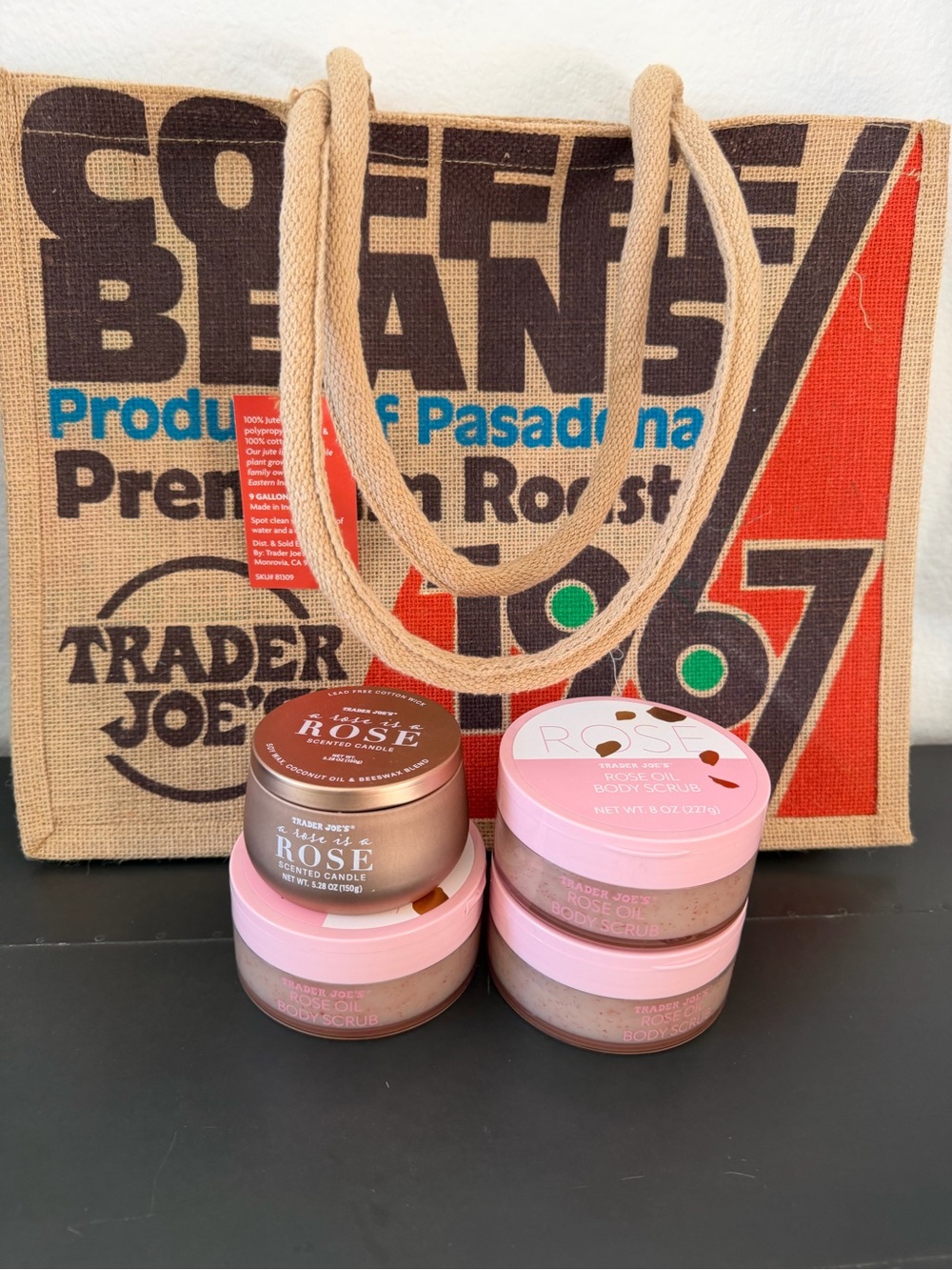 Trader Joe’s Rose Oil Body Scrub 3-Pack + Pasadena Jute Tote Bag NEW